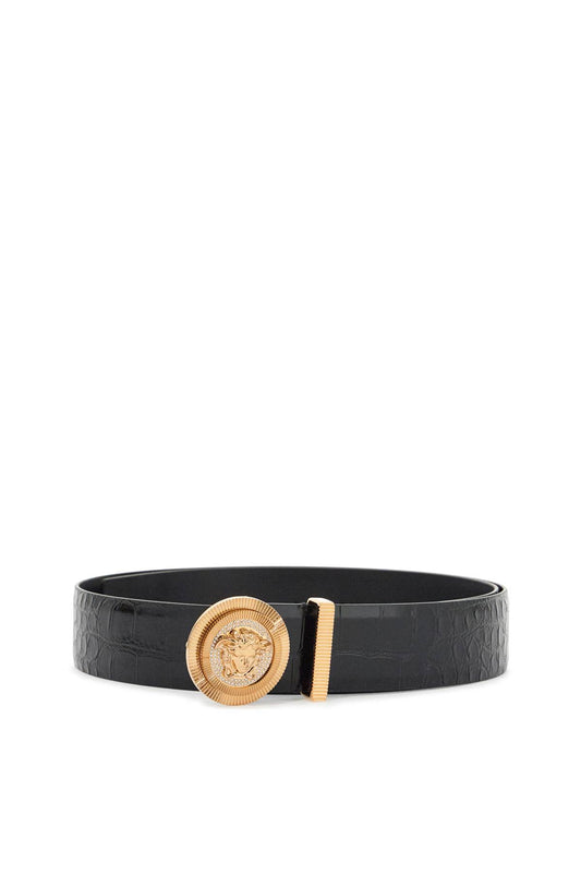 Versace black embossed crocodile calfskin belt with rhinestones 40mm Belts Versace