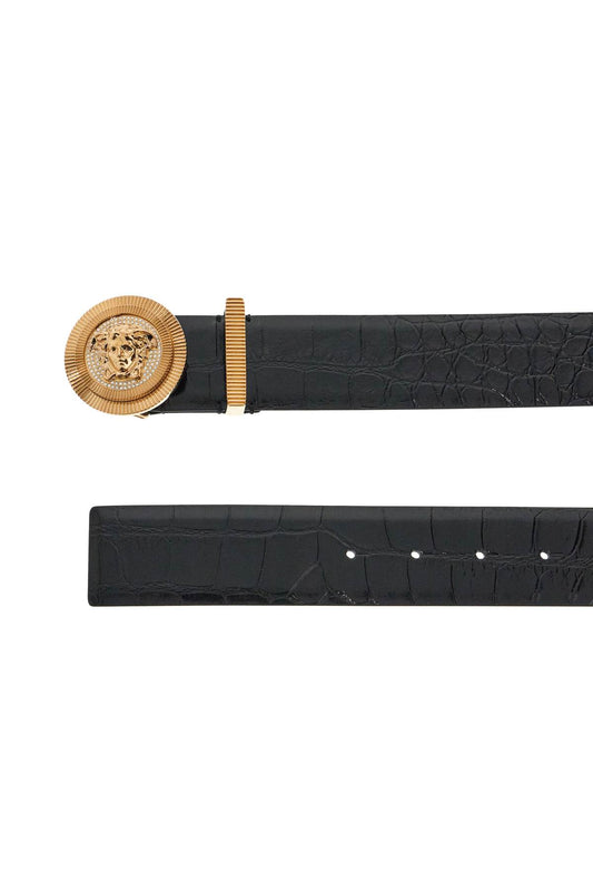 Versace black embossed crocodile calfskin belt with rhinestones 40mm Belts Versace