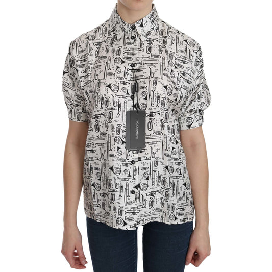 Dolce & Gabbana Musical Instrument Print Silk Collared Top Dolce & Gabbana