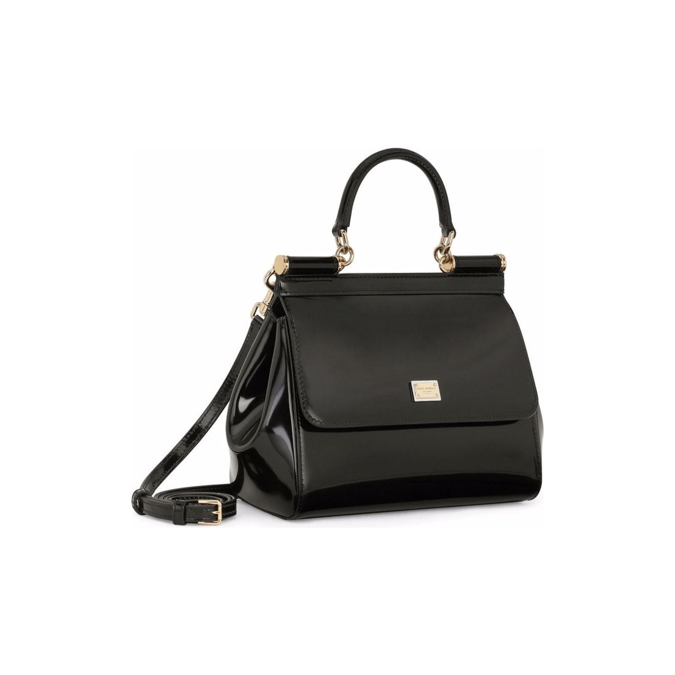 Dolce & Gabbana black calf leather polished finish gold-tone logo plaque bag Handbag Dolce & Gabbana