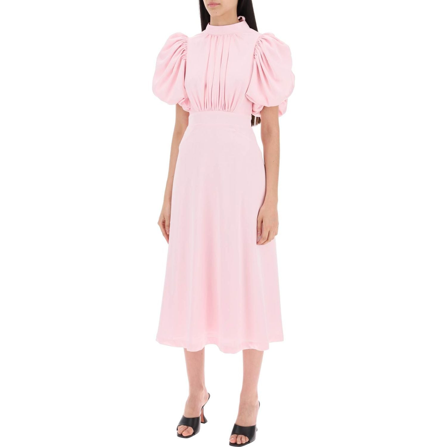 Rotate midi satin dress with balloon sleeves