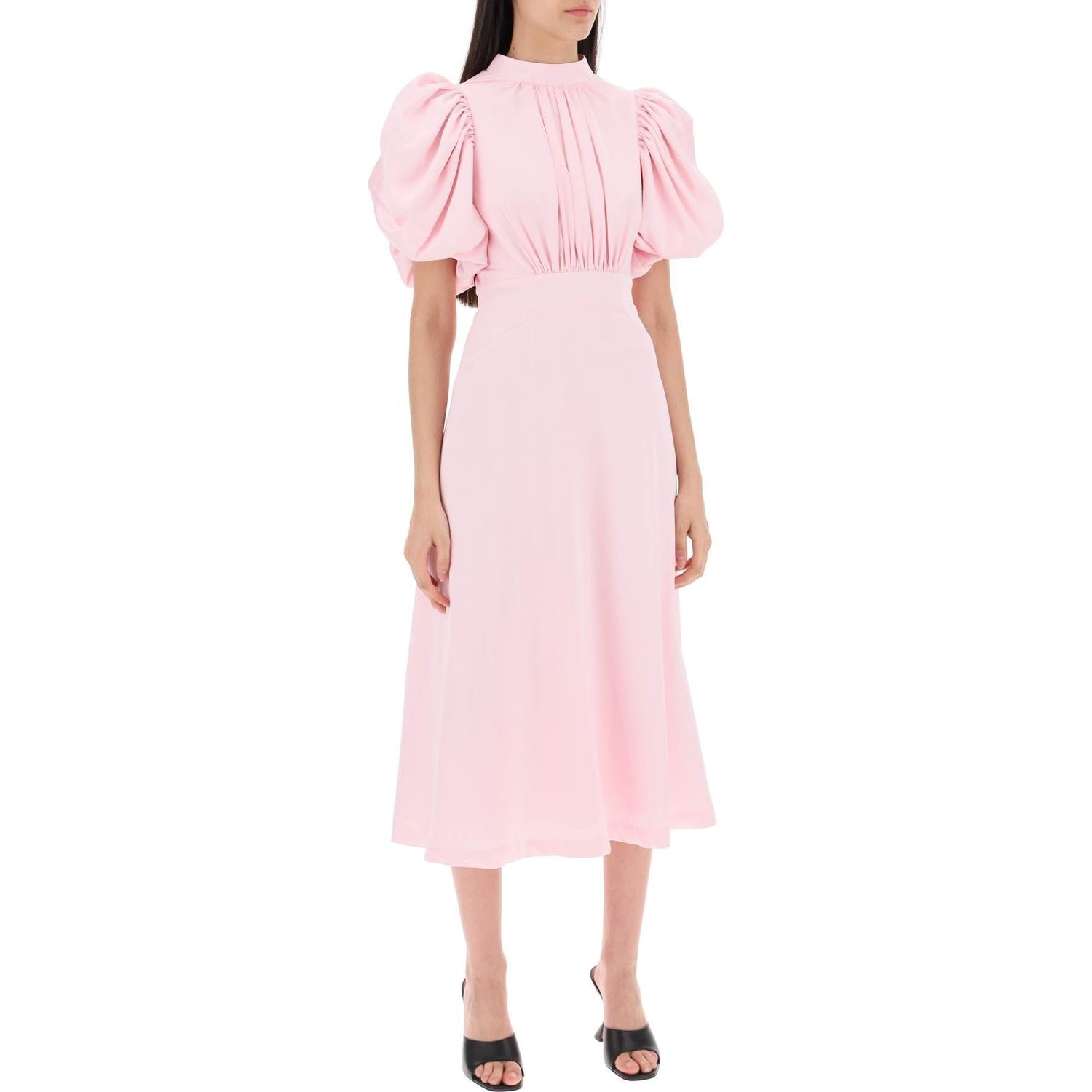 Rotate midi satin dress with balloon sleeves