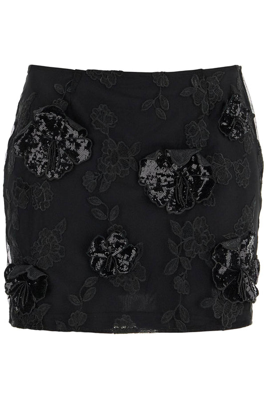 Rotate mini skirt in recycled black polyester mesh with floral pattern Skirts Rotate