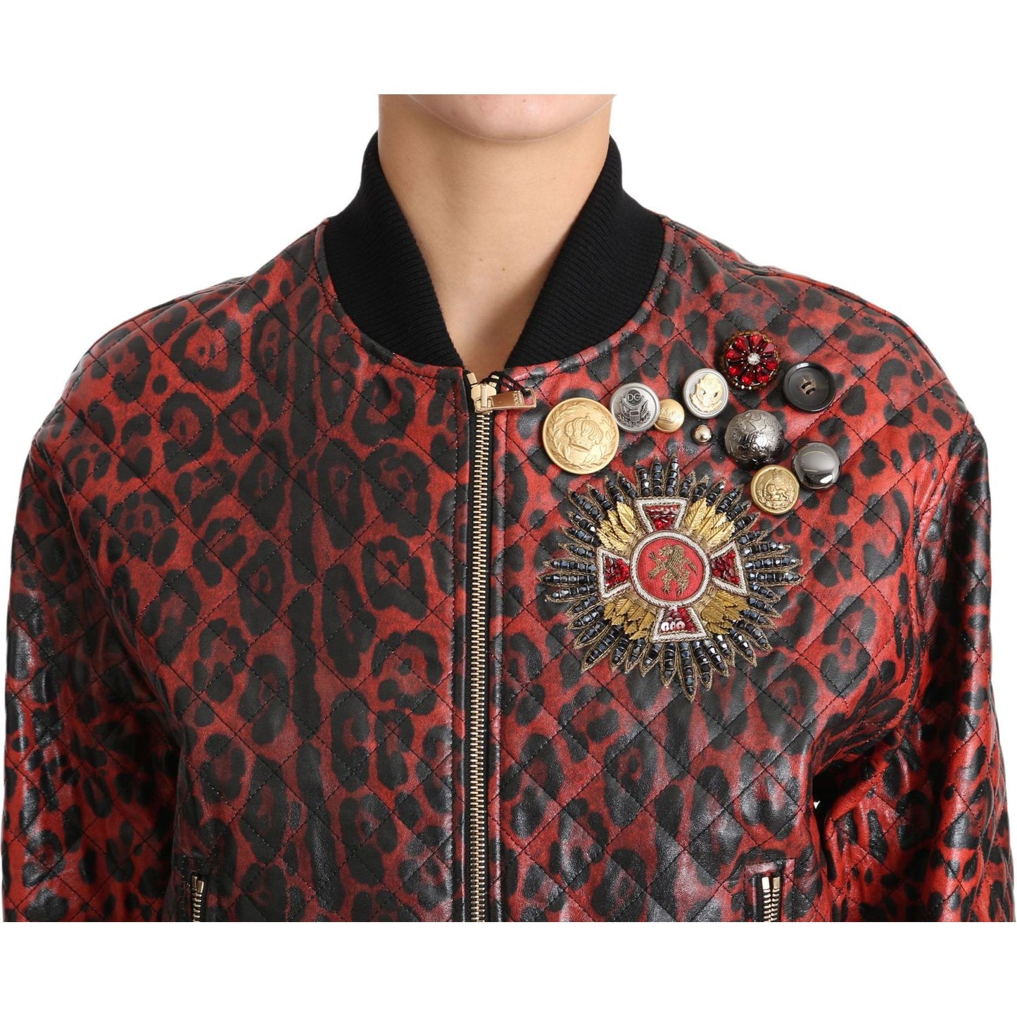 Dolce & Gabbana Red Leopard Bomber Leather Jacket with Crystal Buttons Coats & Jackets Dolce & Gabbana