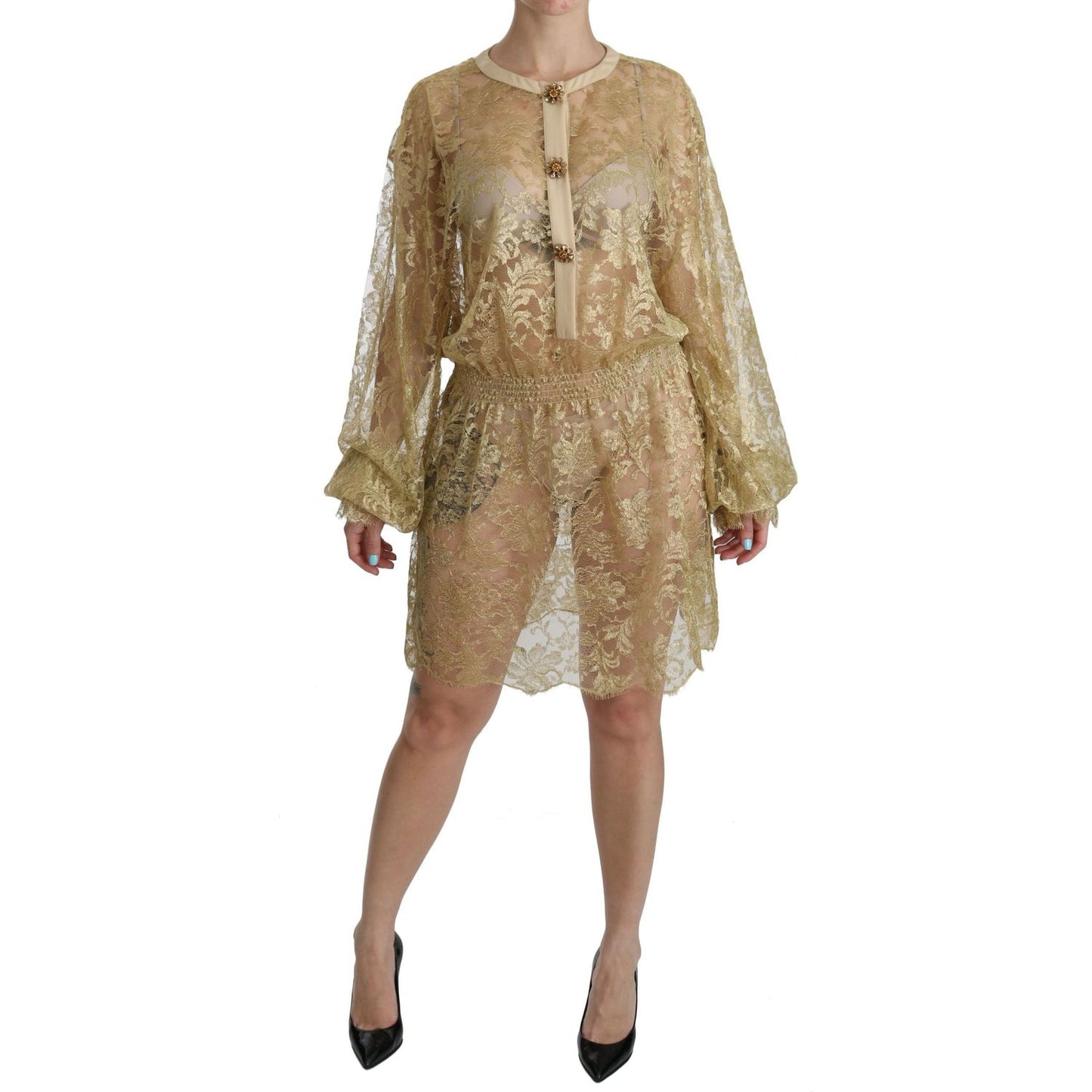 Dolce & Gabbana Elegant Gold Lace A-Line Knee Length Dress Dolce & Gabbana