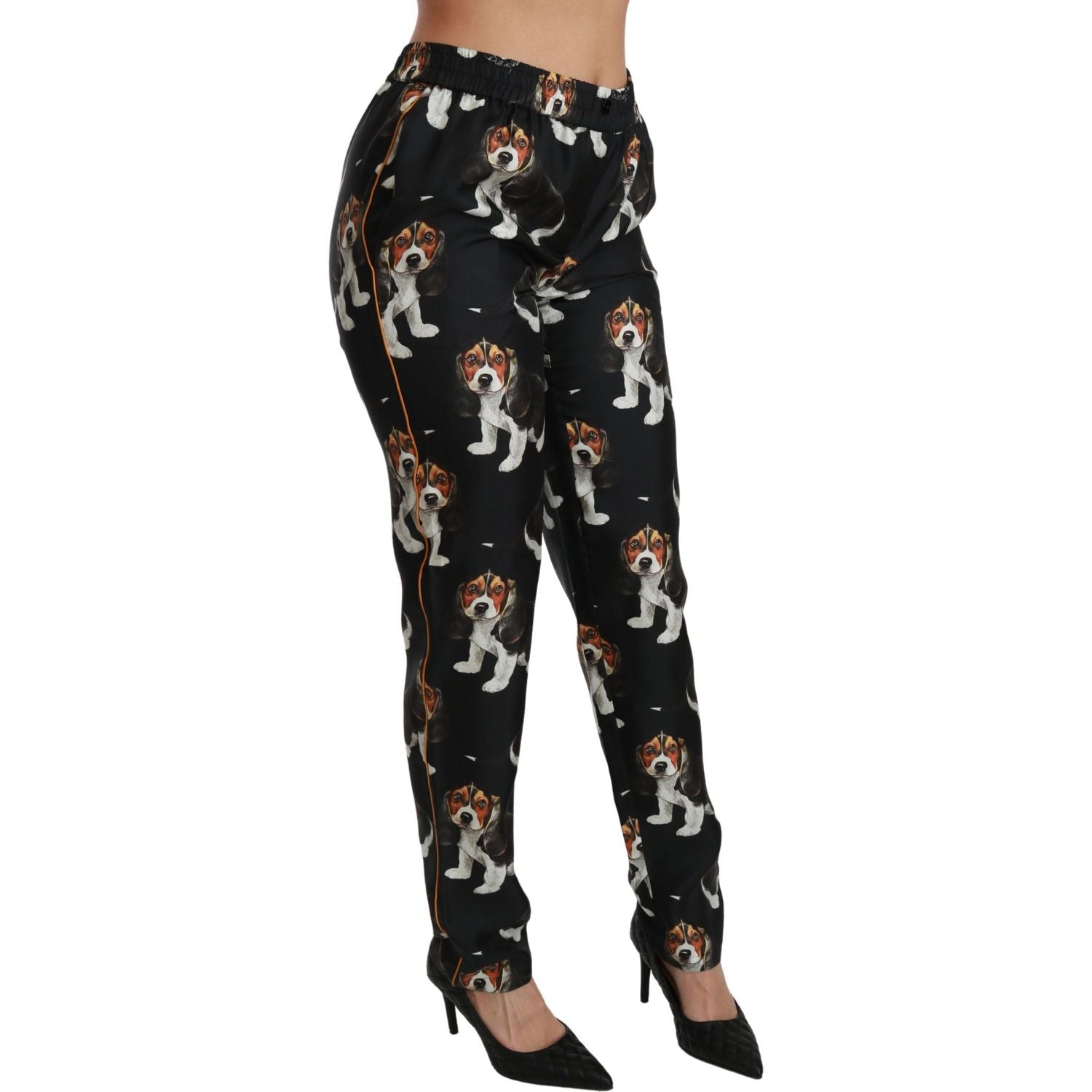 Dolce & Gabbana Elegant Silk Puppy Dog Print Pants