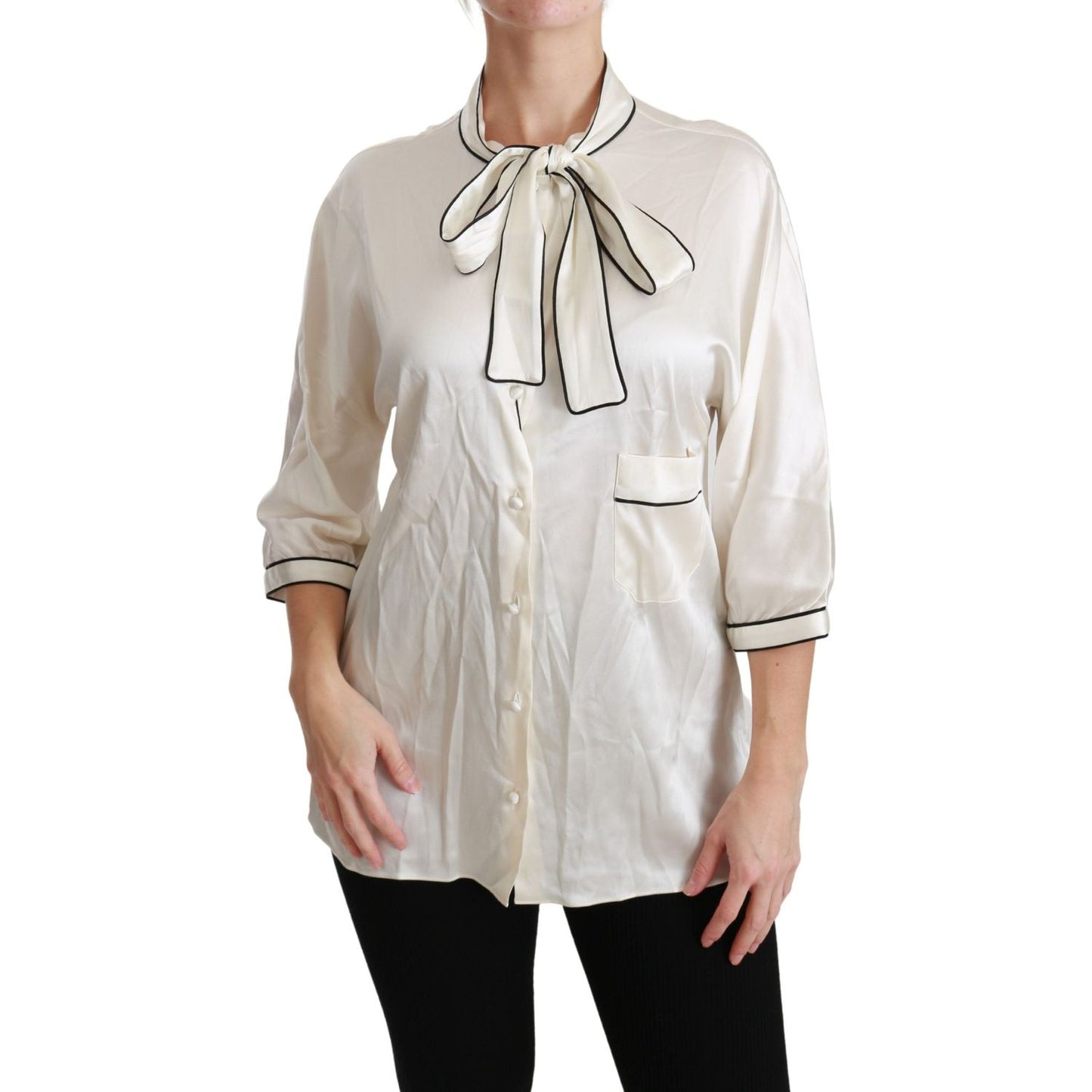 Dolce & Gabbana Elegant Beige Silk Blouse with Bow Scarf Dolce & Gabbana