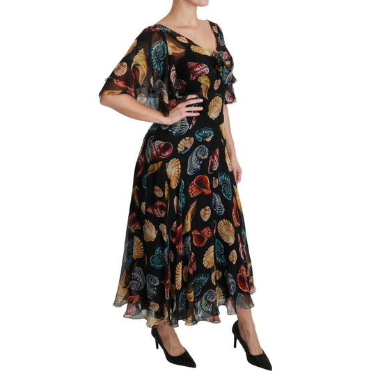 Dolce & Gabbana Elegant Sea Shells Print Silk Midi Dress Dolce & Gabbana