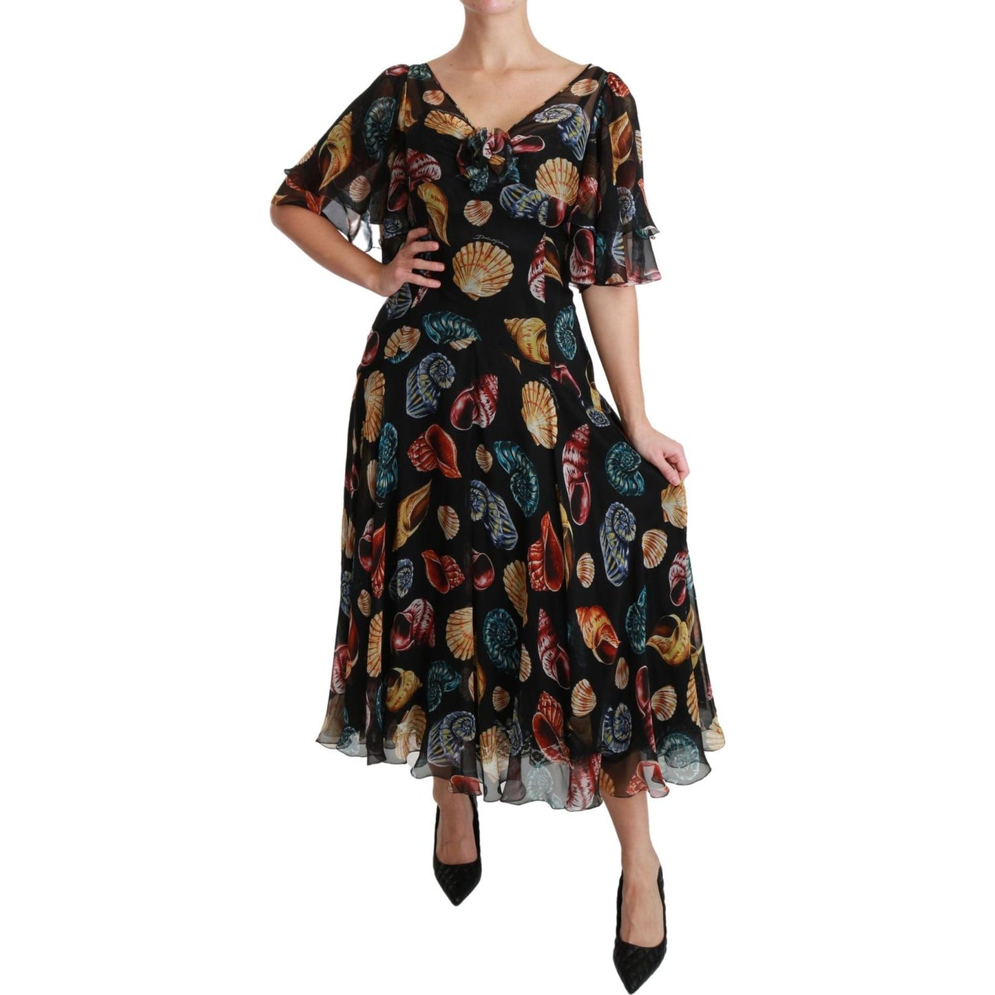 Dolce & Gabbana Elegant Sea Shells Print Silk Midi Dress Dolce & Gabbana