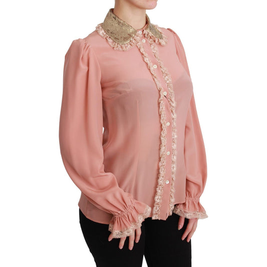 Dolce & Gabbana Elegant Pink Lace Silk Blouse with Gold Sequins