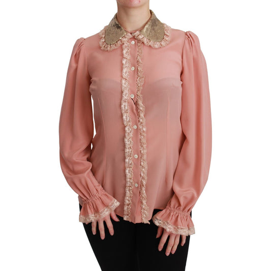 Dolce & Gabbana Elegant Pink Lace Silk Blouse with Gold Sequins Dolce & Gabbana