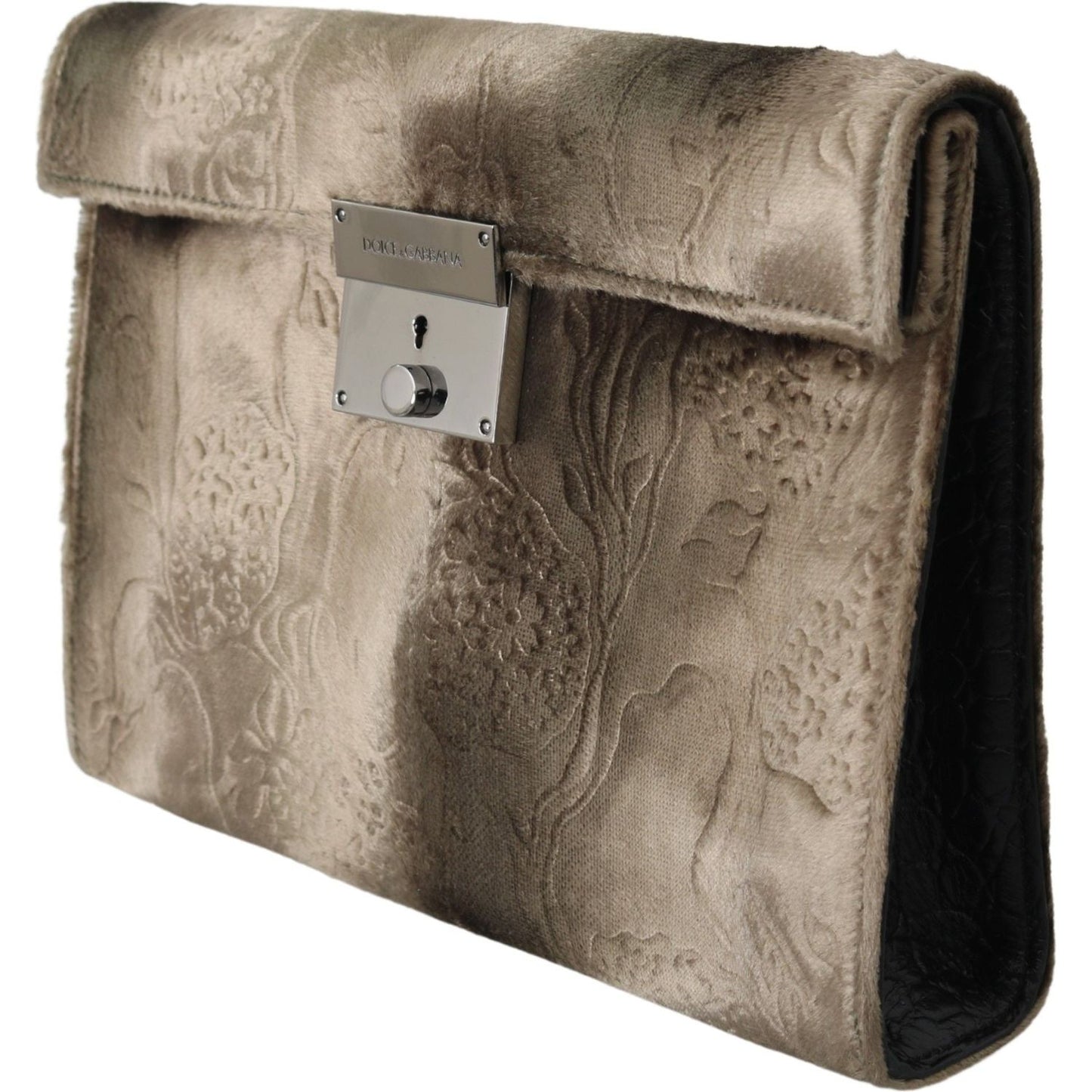 Dolce & Gabbana Beige Velvet Croco-Print Leather Briefcase Clutch Clutch Dolce & Gabbana