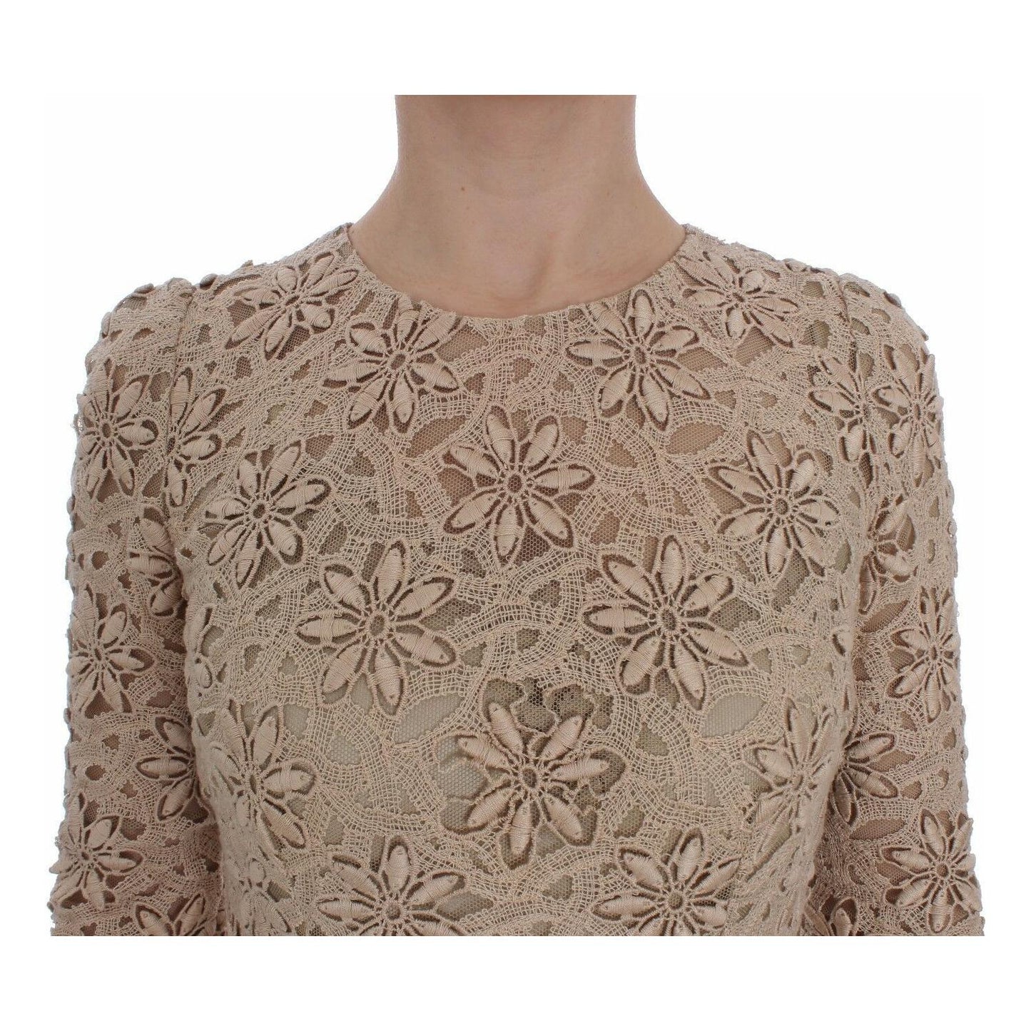 Dolce & Gabbana Beige Floral Lace Long Sleeve Maxi Dress Dolce & Gabbana