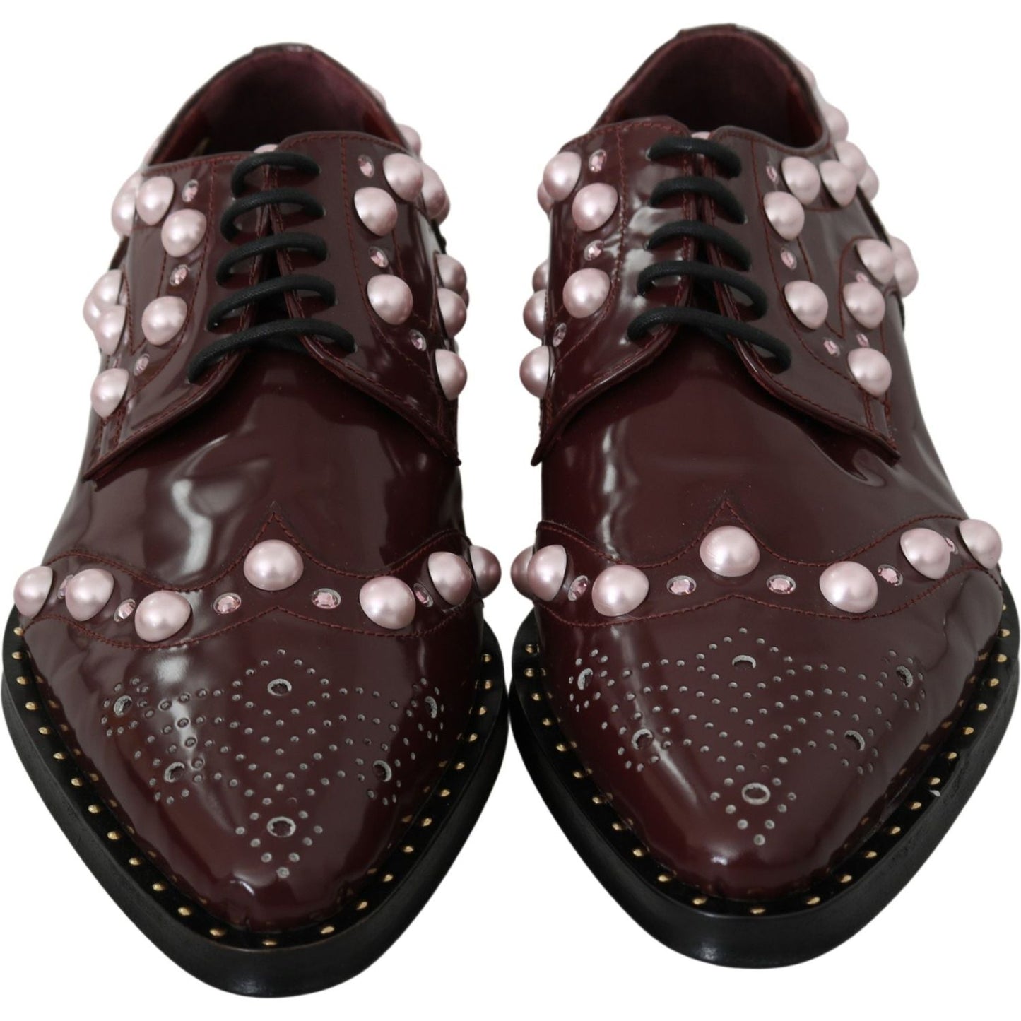 Dolce & Gabbana Elegant Bordeaux Lace-Up Flats with Pearls and Crystals Dolce & Gabbana