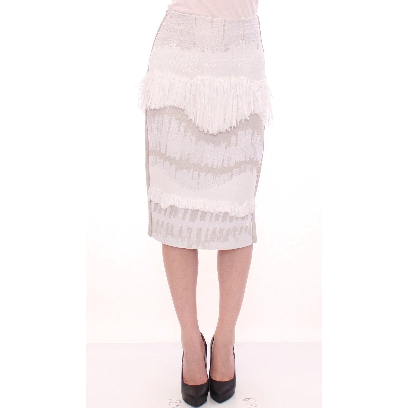 Arzu Kaprol Elegant Pencil Skirt in White and Gray Tones Arzu Kaprol