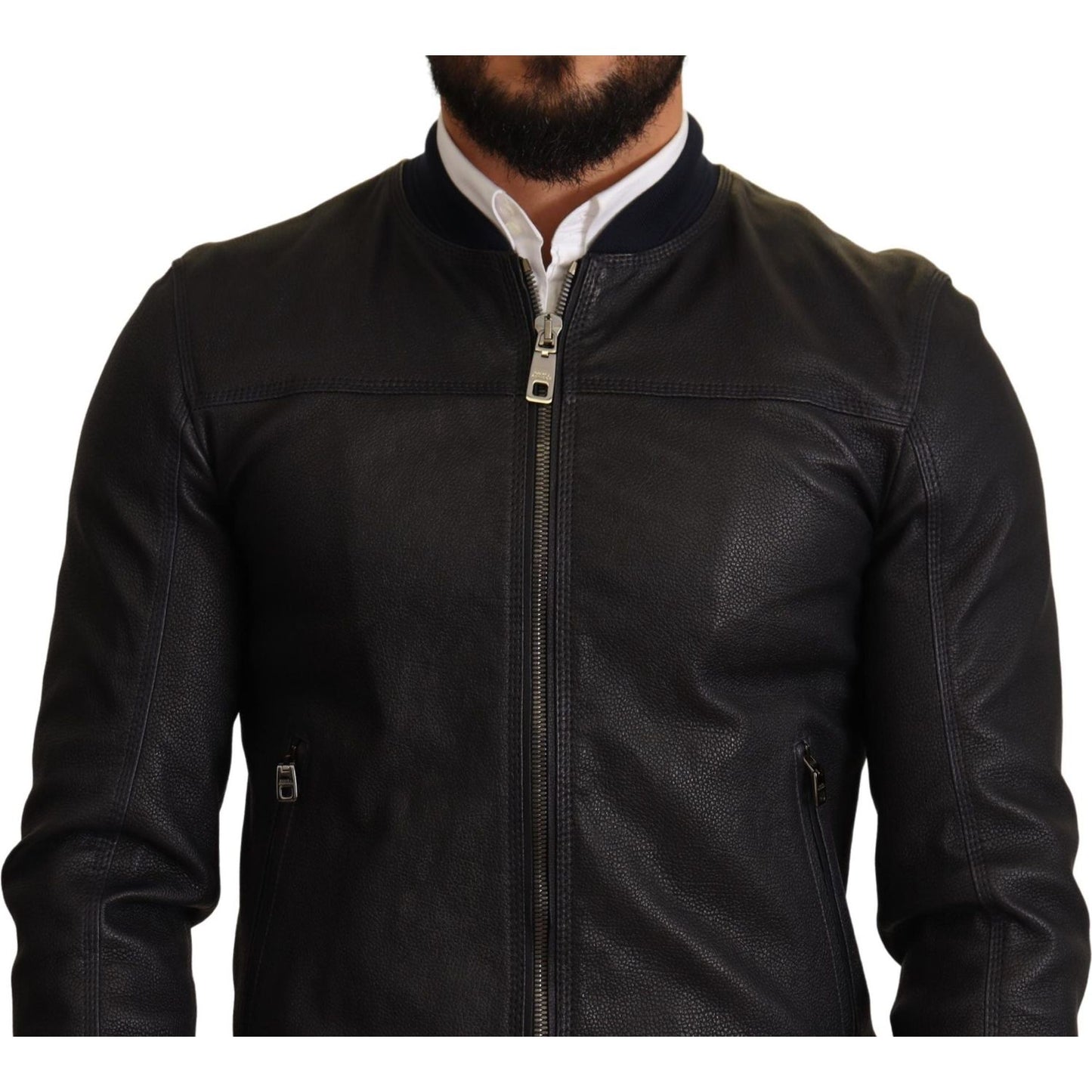 Dolce & Gabbana Elegant Leather Bomber Jacket in Dark Blue Dolce & Gabbana