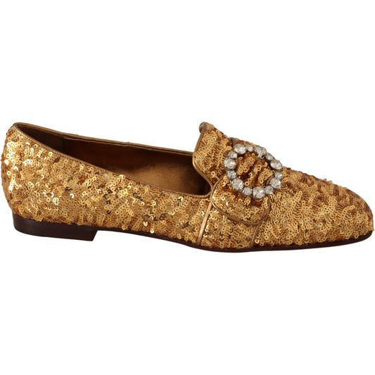 Dolce & Gabbana Elegant Gold Sequin Crystal Flats WOMAN LOAFERS Dolce & Gabbana