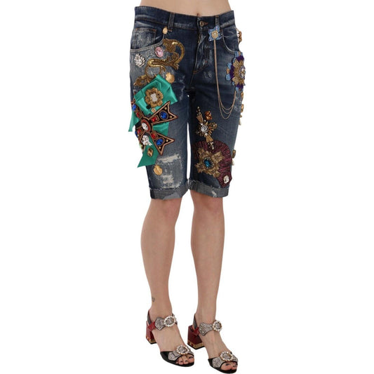 Dolce & Gabbana Elegant Knee-Length Embellished Denim Shorts Shorts Dolce & Gabbana