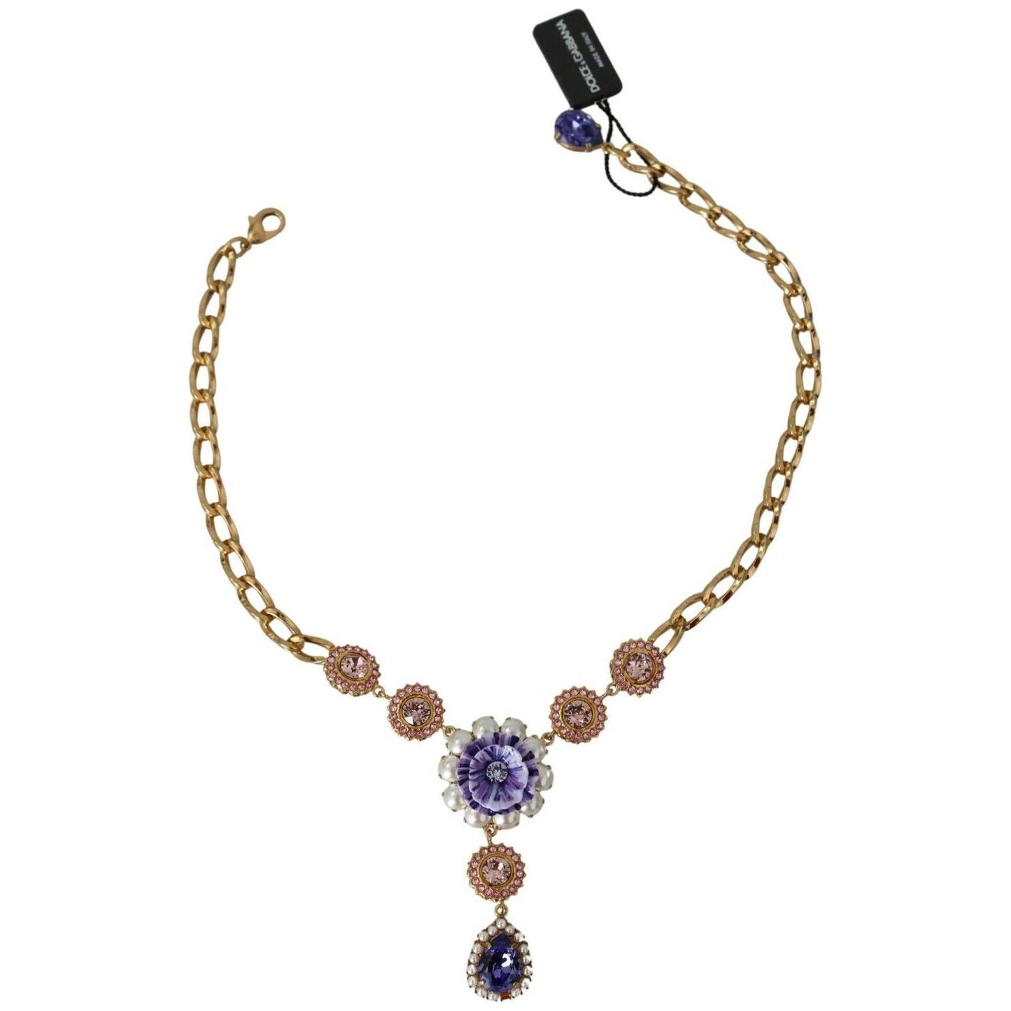 Dolce & Gabbana Elegant Gold Crystal Floral Charm Necklace Necklace Dolce & Gabbana