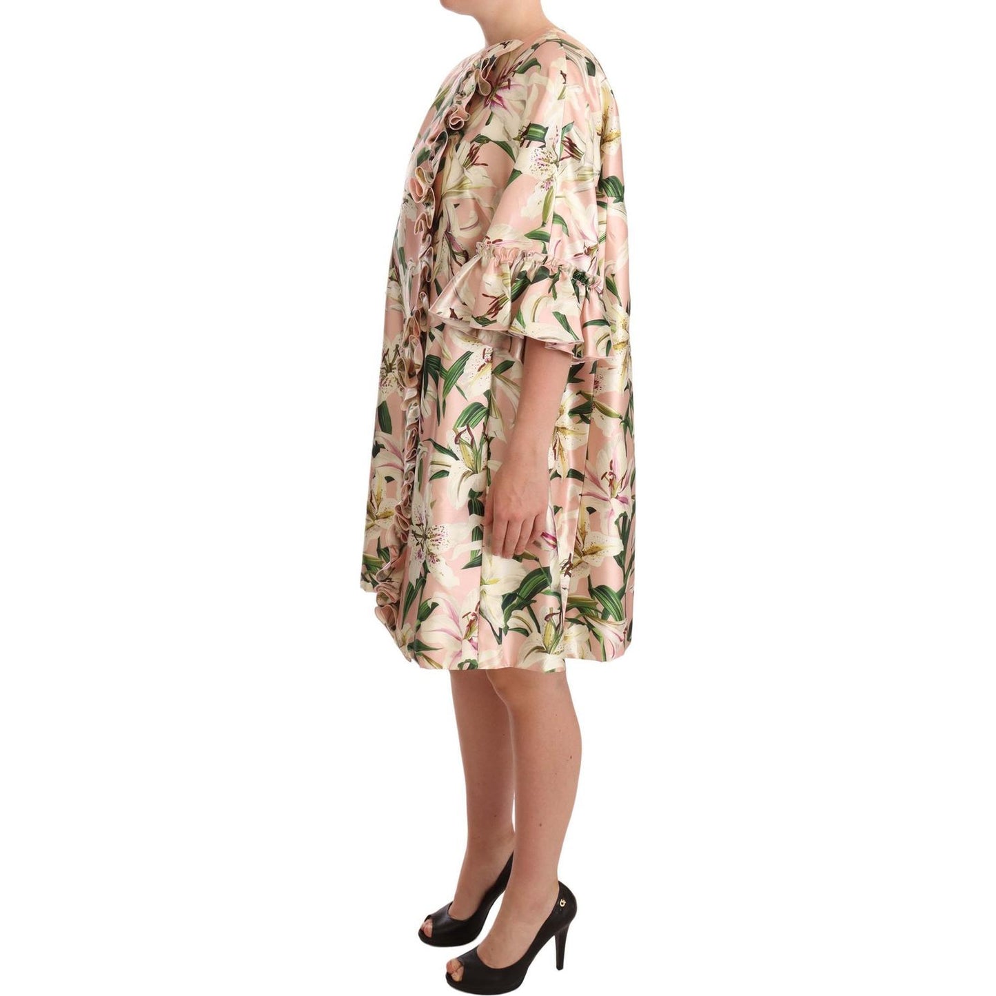 Dolce & Gabbana Elegant Floral Ruffled Silk Long Coat Dolce & Gabbana