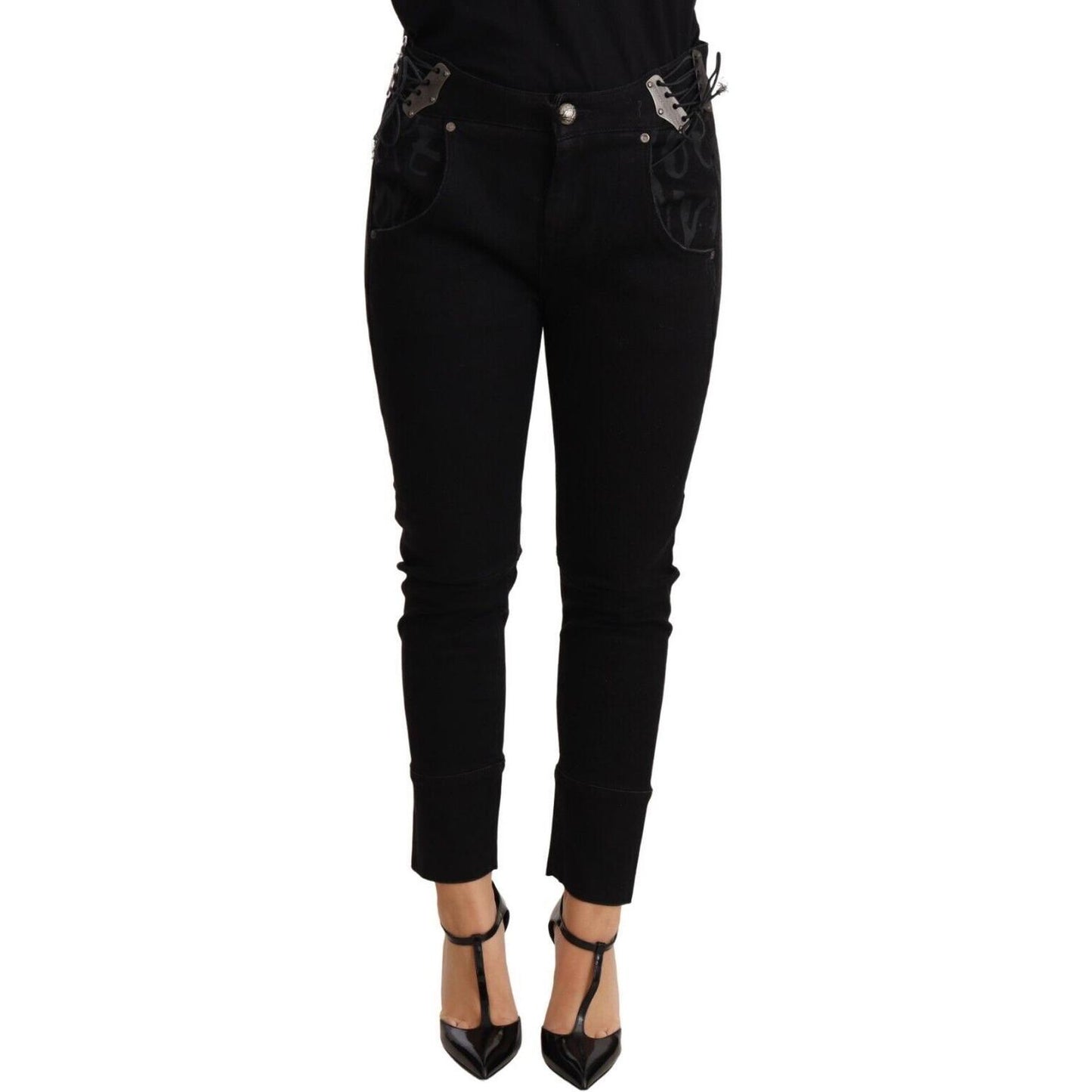 Ermanno Scervino Chic Low Waist Skinny Black Cotton Trousers Jeans & Pants Ermanno Scervino