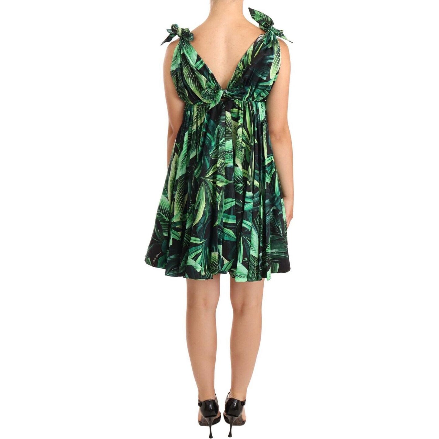 Dolce & Gabbana Elegant Flared Mini A-Line Dress in Green Leaf Print Dolce & Gabbana