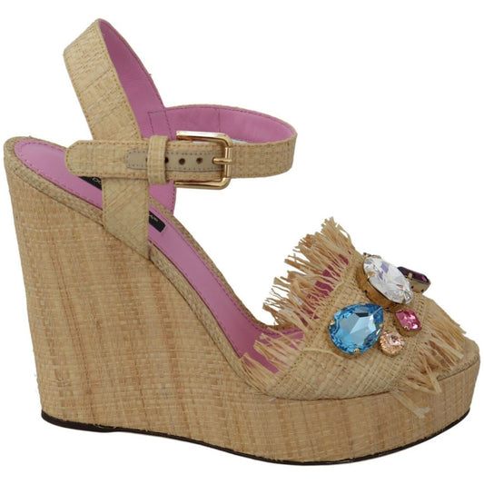 Dolce & Gabbana Beige Silk Strap Wedge Sandals Heeled Wedge Dolce & Gabbana