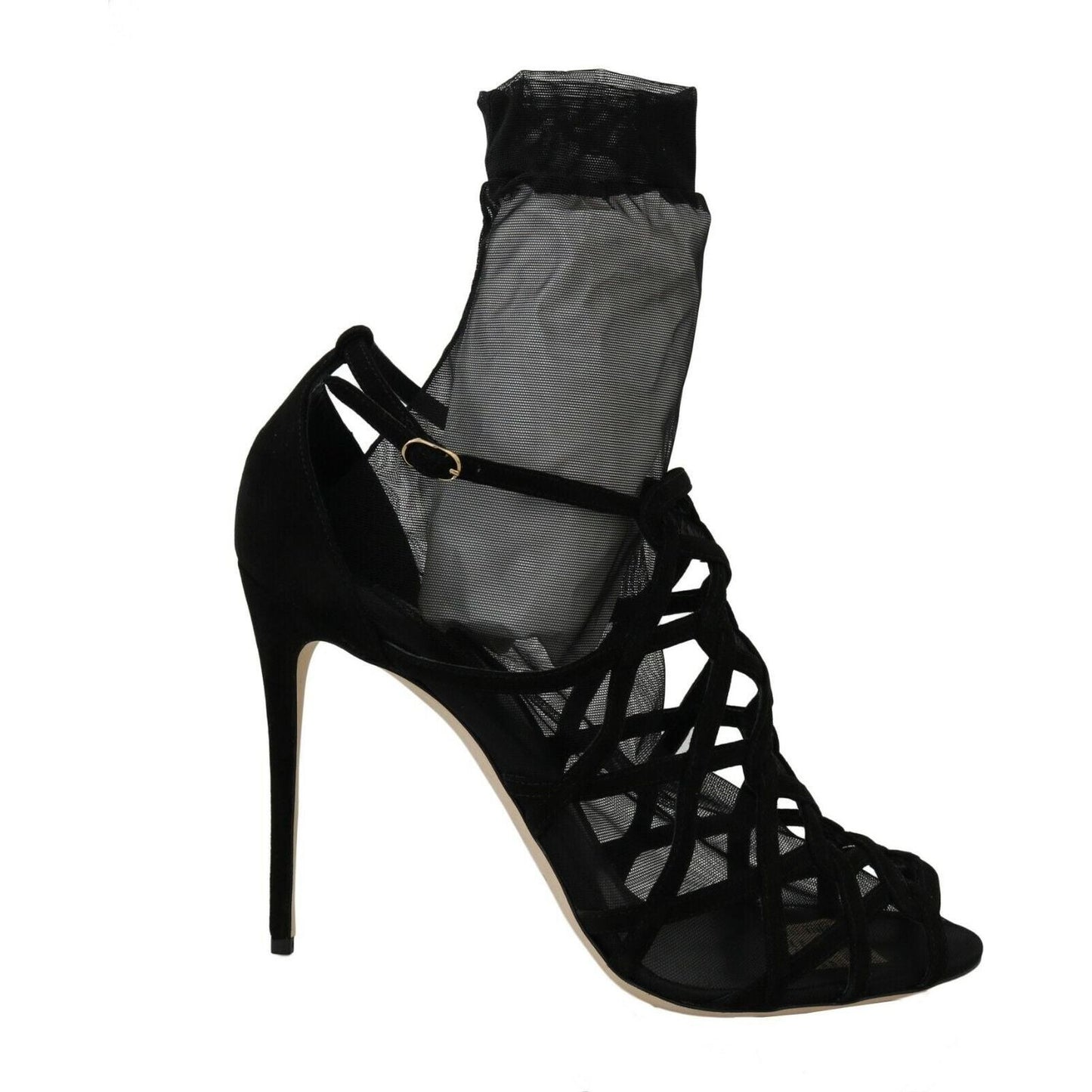 Dolce & Gabbana Black Suede Tulle Ankle Boot Sandals Heeled Sandals Dolce & Gabbana