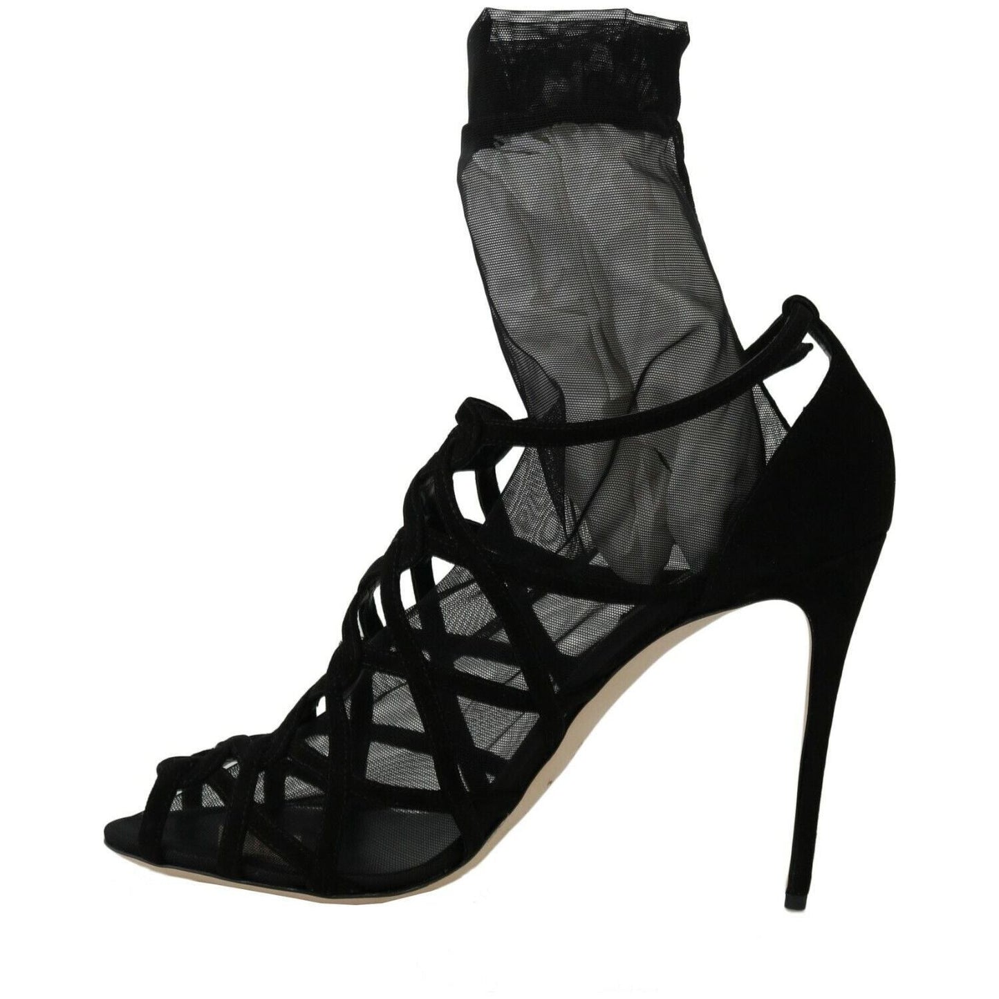 Dolce & Gabbana Black Suede Tulle Ankle Boot Sandals Heeled Sandals Dolce & Gabbana