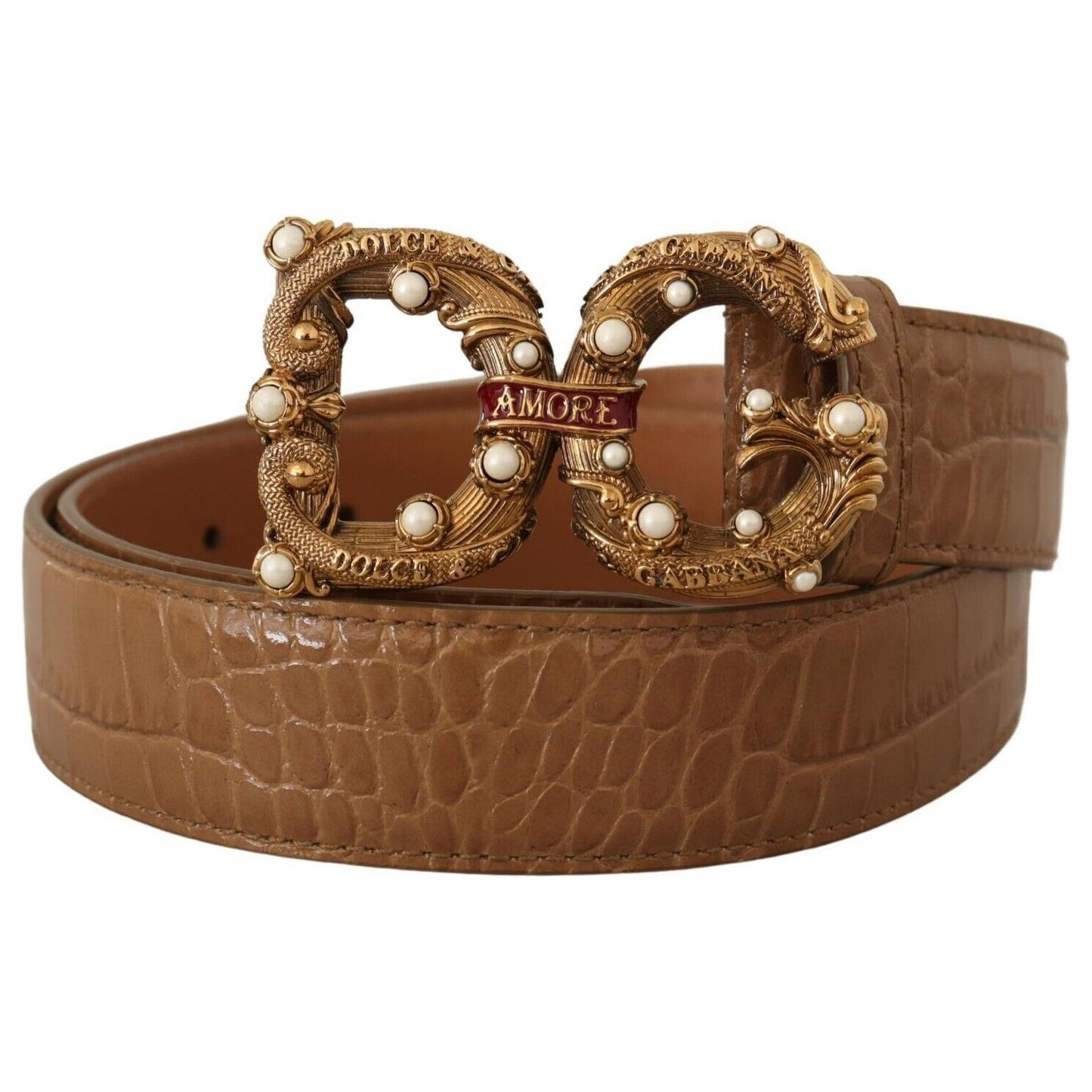 Dolce & Gabbana Elegant Croco Leather Amore Belt with Pearls WOMAN BELTS Dolce & Gabbana