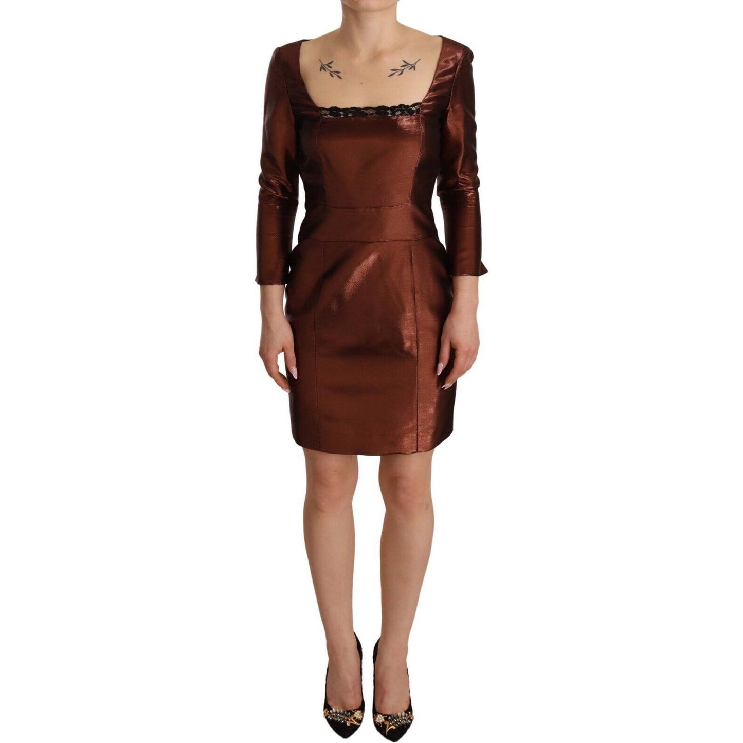 GF Ferre Elegant Bronze Sheath Mini Dress with Square Neck GF Ferre