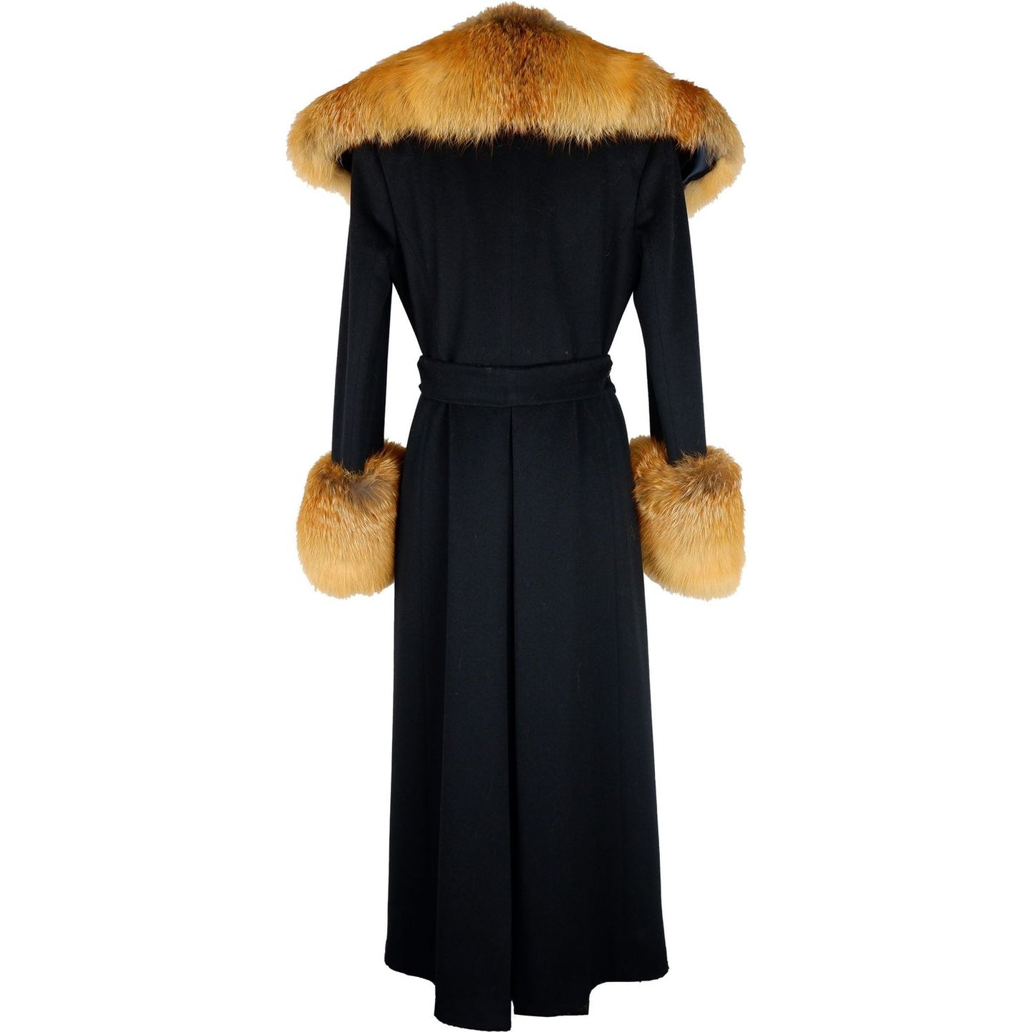 Made in Italy Elegant Black Wool Coat with Fox Fur Accents Made in Italy