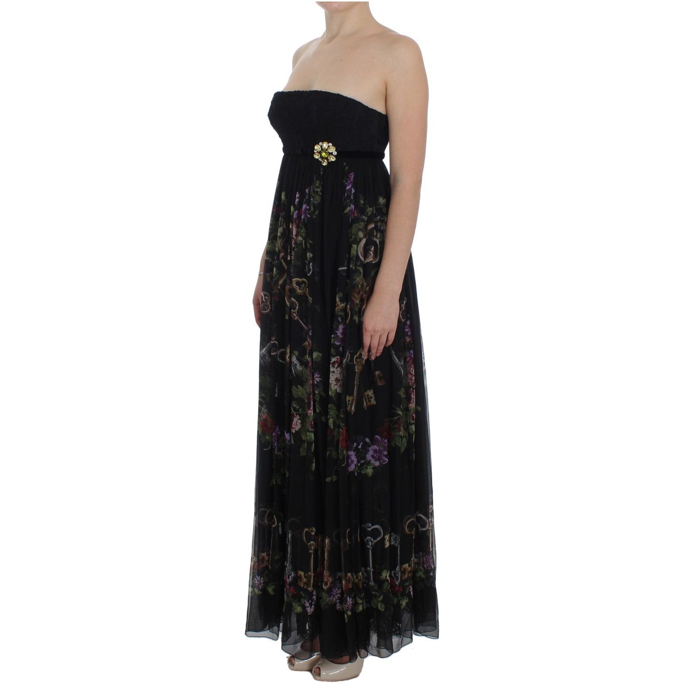 Dolce & Gabbana Multicolor Rose & Key Print Maxi Dress with Crystal WOMAN DRESSES Dolce & Gabbana