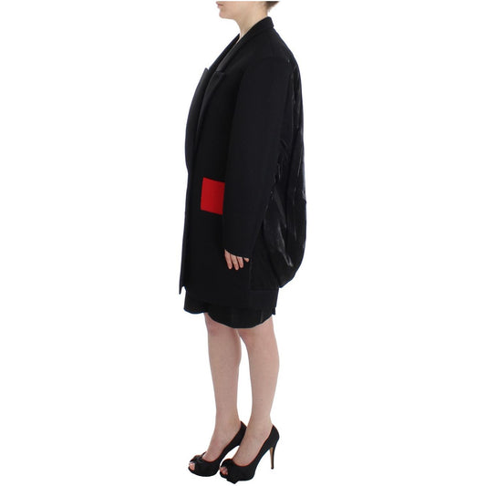 KAALE SUKTAE Elegant Draped Long Coat in Black with Red Accents Blazer Jacket KAALE SUKTAE