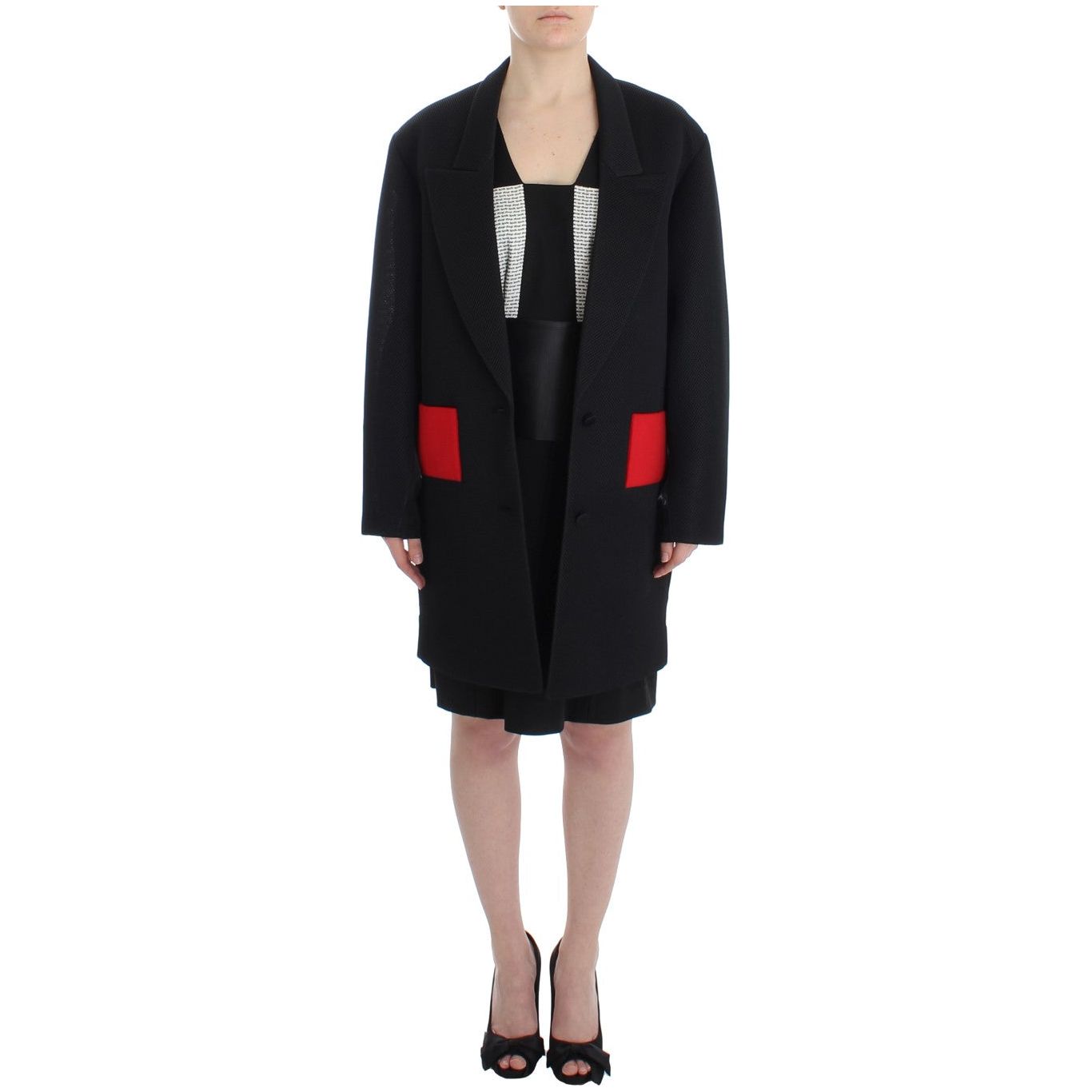 KAALE SUKTAE Elegant Draped Long Coat in Black with Red Accents Blazer Jacket KAALE SUKTAE