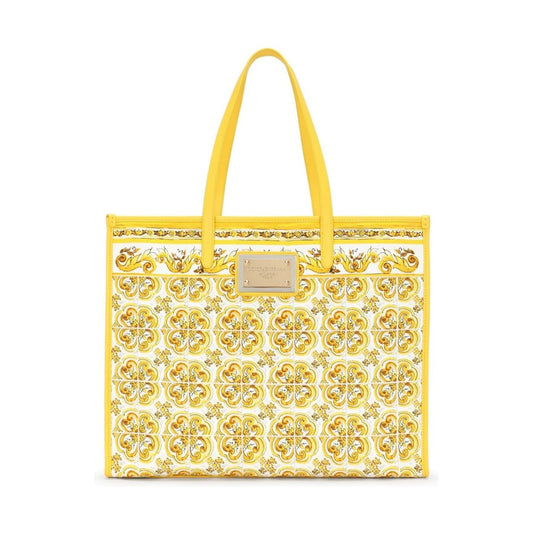 Dolce & Gabbana canary yellow/white canvas leather trim Majolica print Bags Shopper Dolce & Gabbana