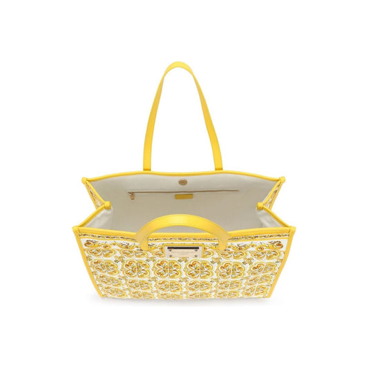 Dolce & Gabbana canary yellow/white canvas leather trim Majolica print Bags Shopper Dolce & Gabbana