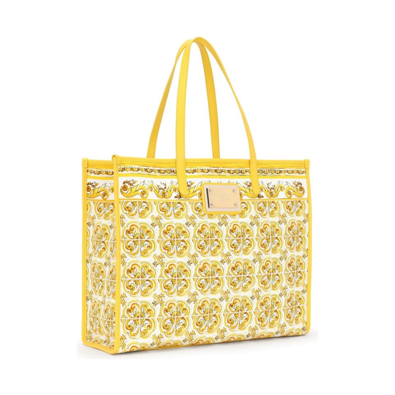 Dolce & Gabbana canary yellow/white canvas leather trim Majolica print Bags Shopper Dolce & Gabbana