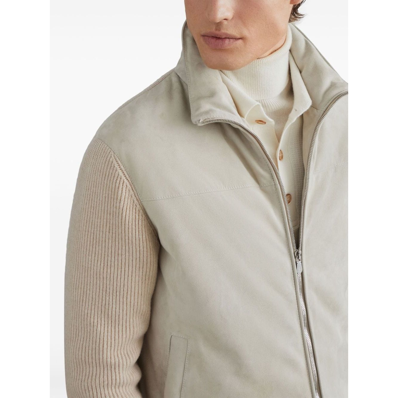 Brunello Cucinelli light beige leather ribbed knit jacket Jackets Brunello Cucinelli