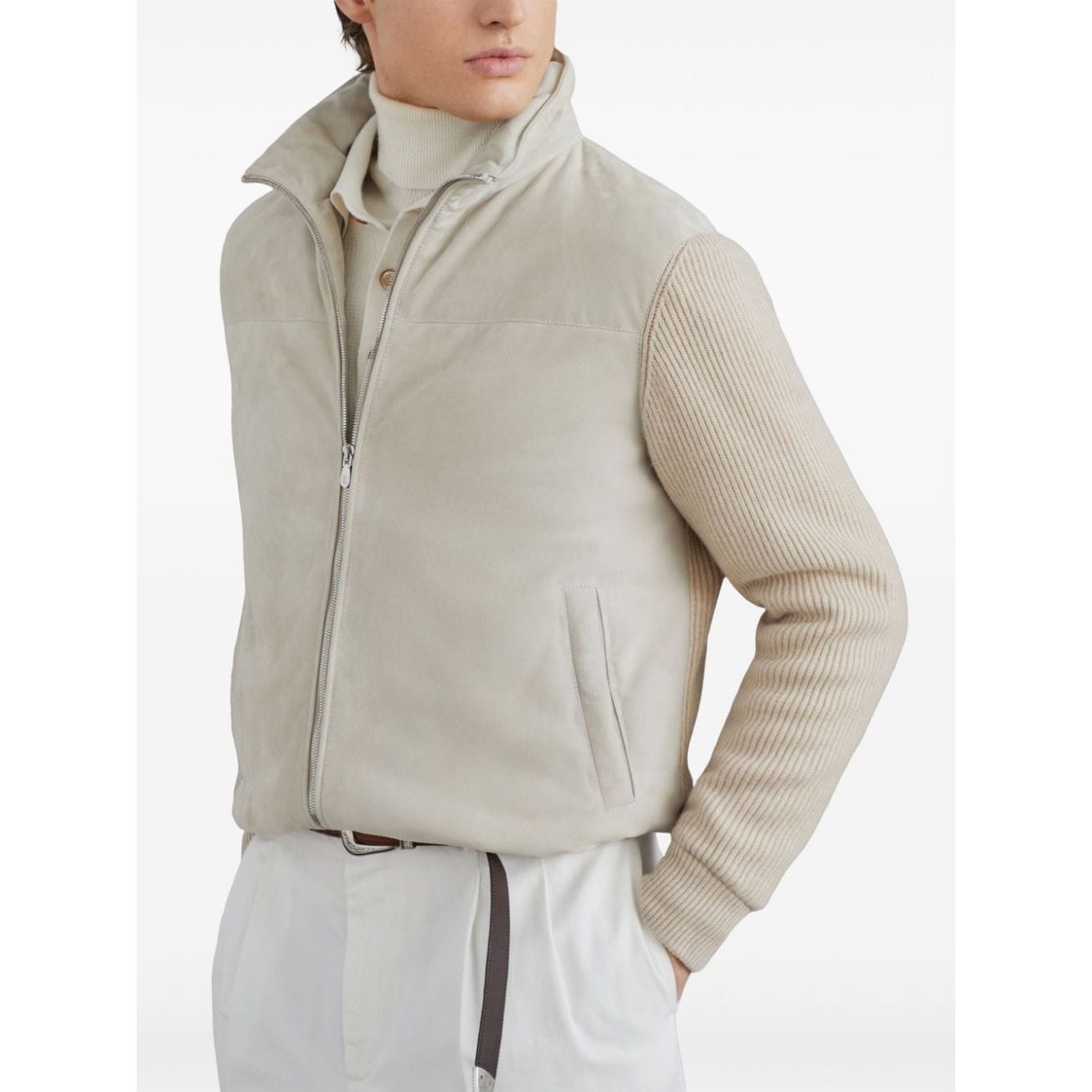 Brunello Cucinelli light beige leather ribbed knit jacket Jackets Brunello Cucinelli