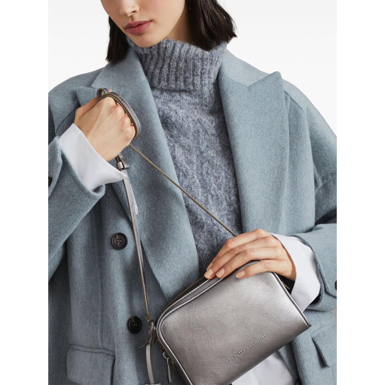 Brunello Cucinelli silver tone grey leather grained texture Bags Shoulder Brunello Cucinelli