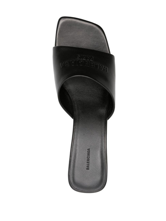 Balenciaga black leather embossed logo Sandals Sandals Balenciaga