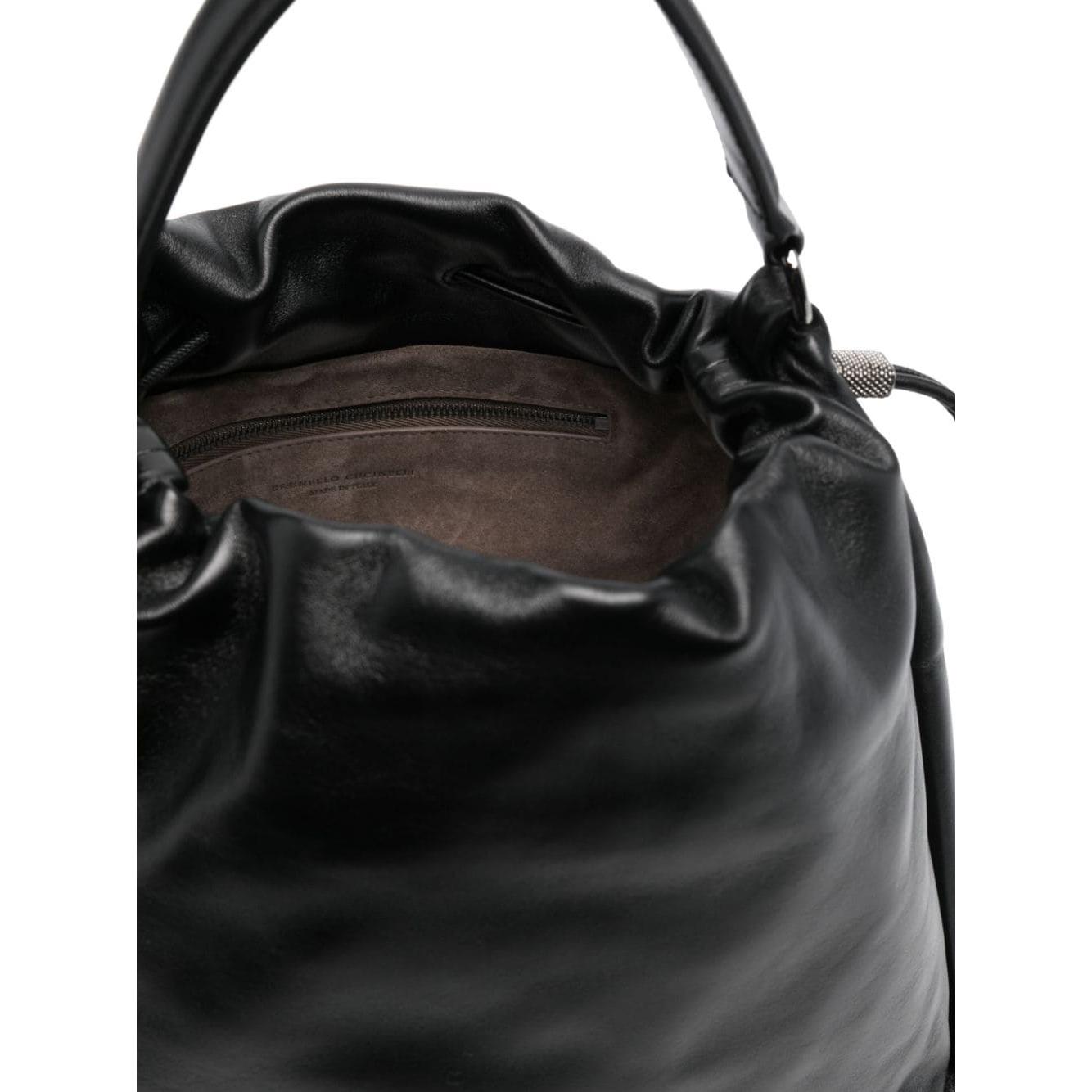 Brunello Cucinelli black calf leather smooth grain debossed logo Bag Shoulder Brunello Cucinelli