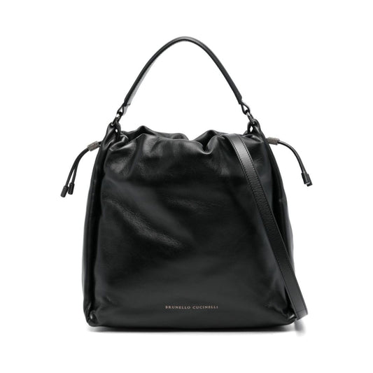 Brunello Cucinelli black calf leather smooth grain debossed logo Bag Shoulder Brunello Cucinelli