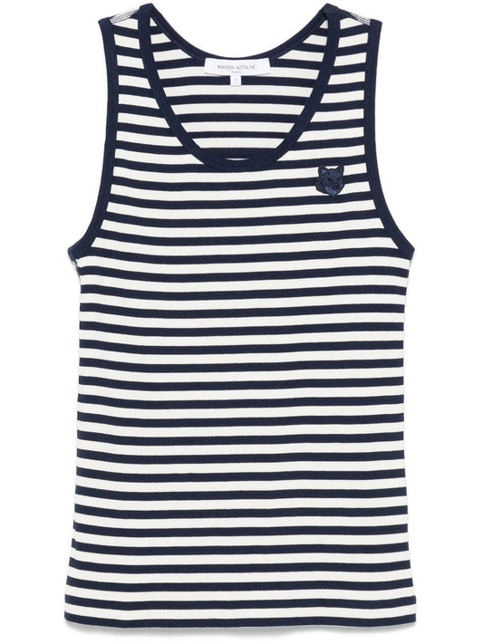 Maison Kitsune bold fox head patch multi stripes ribbed tank top