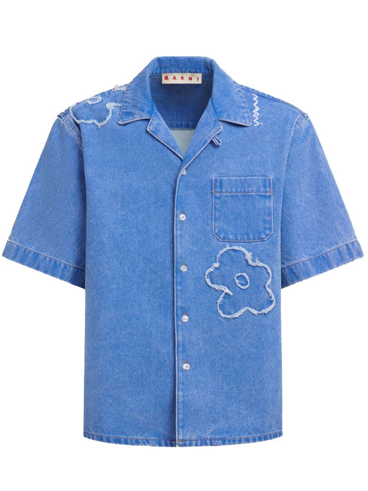 Marni Embroidered frayed denim short sleeve shirt Shirts Marni