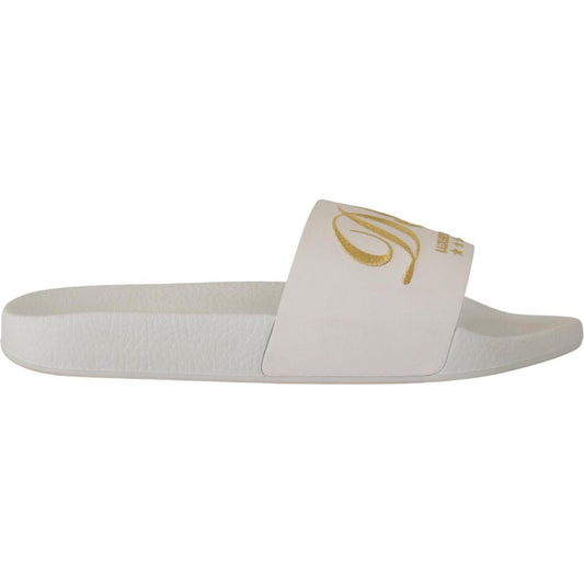 Dolce & Gabbana Chic White Leather Slides with Gold Embroidery Dolce & Gabbana