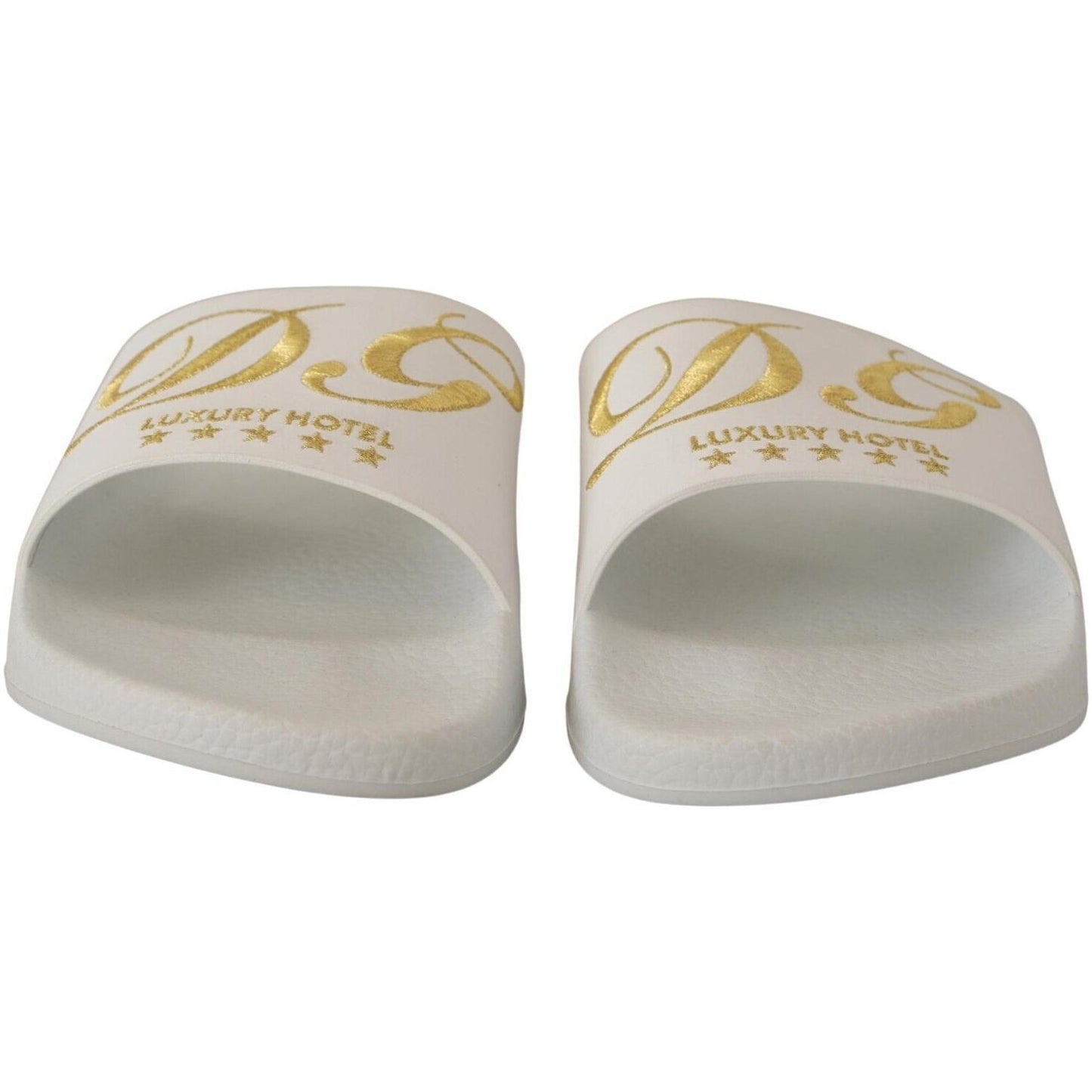 Dolce & Gabbana Chic White Leather Slides with Gold Embroidery Dolce & Gabbana