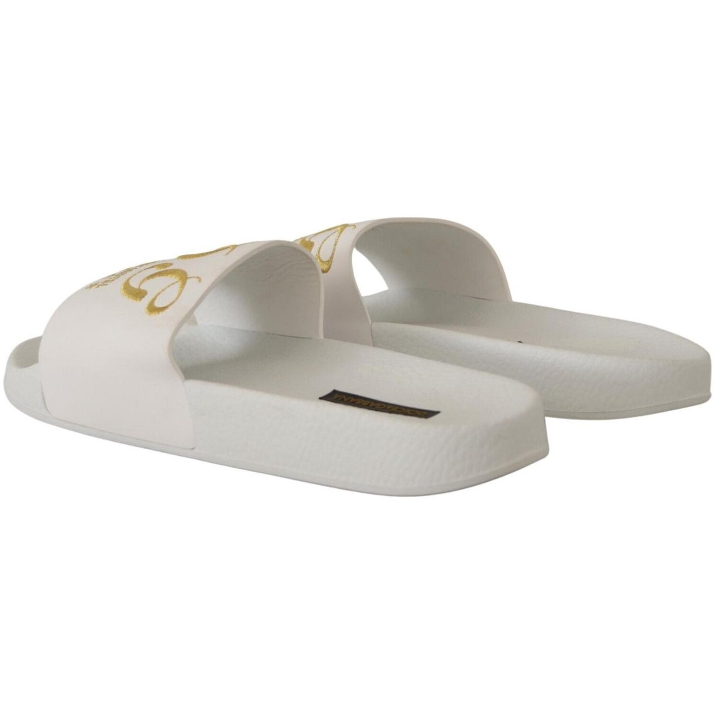 Dolce & Gabbana Chic White Leather Slides with Gold Embroidery Dolce & Gabbana