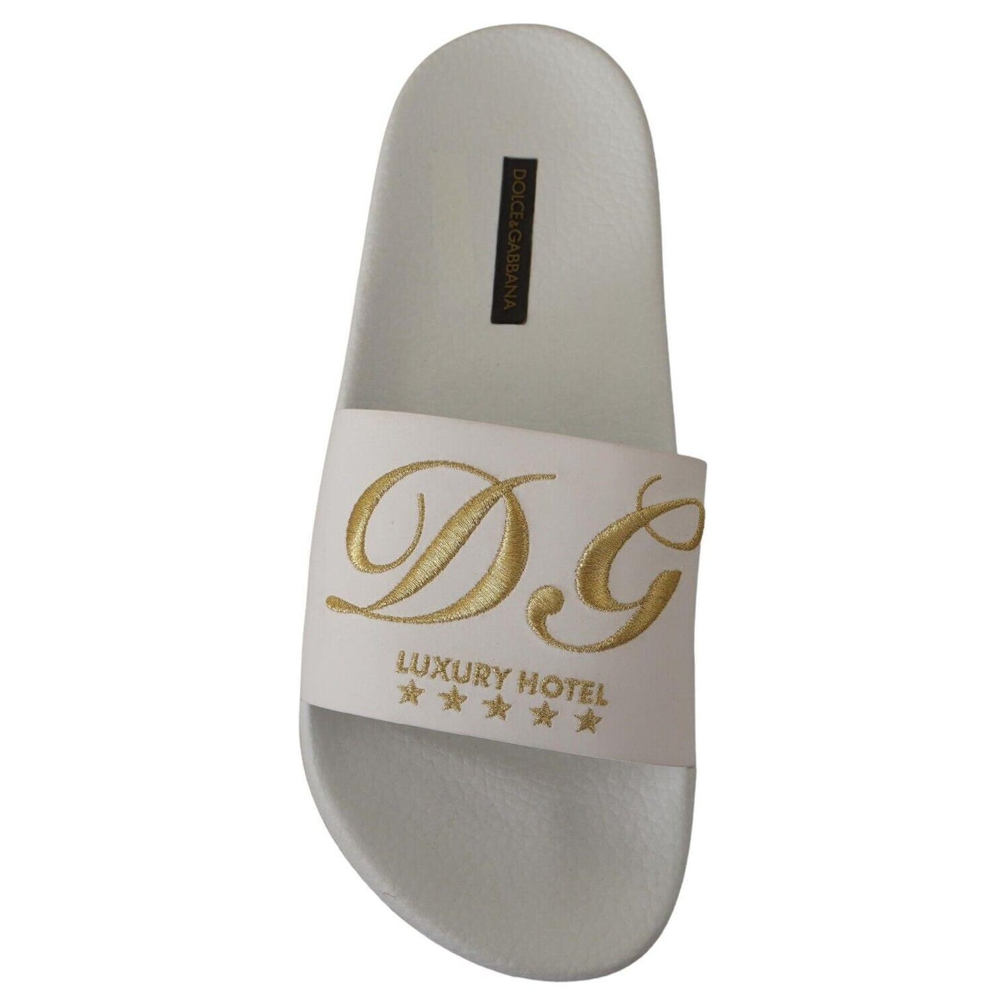 Dolce & Gabbana Chic White Leather Slides with Gold Embroidery Dolce & Gabbana